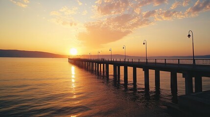 Fototapeta premium Serene Sunset Pier: Golden Hour Landscape Photography