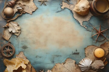 Old maritime background featuring compass, seashells, and burning candle © Gatherina