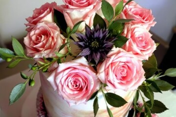 Wedding cake with pink roses
