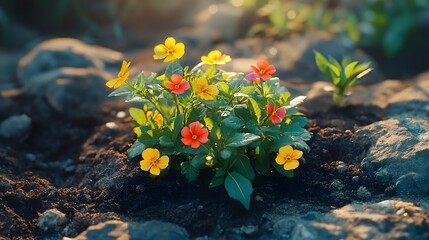 Preparing flower beds, vibrant blooms peek through rich soil, evoking joy and renewal on a bright, sunny day.