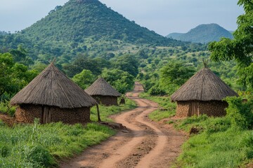 Traditional huts winding through the african countryside landscape