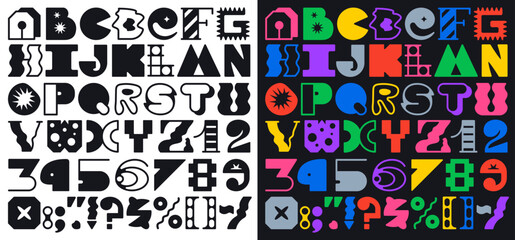 Y2K brutal font, abstract modern geometric typeface with funky type, vector English alphabet. Brutal font of abstract and cartoon thick bold letters or line art typeface in trendy cartoon funky design