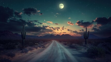 Fototapeta premium A lonely desert road under a bright moon surrounded by majestic cacti and a starry sky at twilight