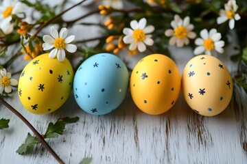 Obraz premium Easter eggs with spring flowers resting on white wooden planks