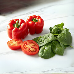 A vibrant arrangement of fresh vegetables featuring whole red bell peppers, sliced tomatoes, and a bunch of spinach leaves on a clean white marble surface. The bright, natural colors and textures of t
