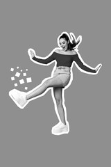 Artwork magazine collage picture of pretty charming lady walking having fun isolated drawing background