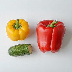 A vibrant arrangement of fresh vegetables featuring whole red bell peppers, sliced tomatoes, and a bunch of spinach leaves on a clean white marble surface. The bright, natural colors and textures of t