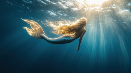 Oceanic Mermaid Fairytale Underwater Blonde Hair Sunbeams