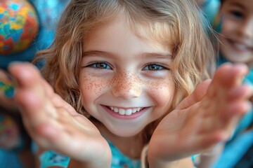 Portrait of smiling girl with freckles showing hands and painted easter eggs