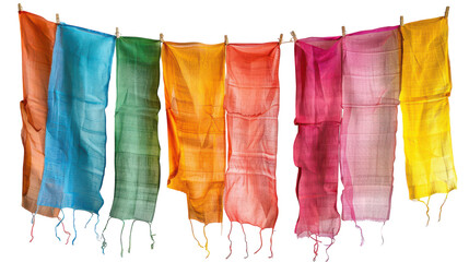 Naklejka premium Colorful handwoven scarves hanging on a clothesline in natural light showcasing vibrant hues and textures on transparent background