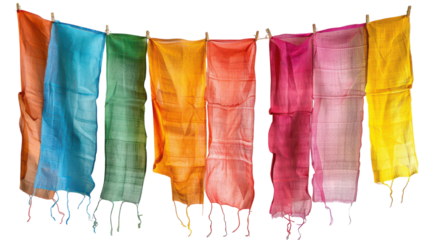 Colorful handwoven scarves hanging on a clothesline in natural light showcasing vibrant hues and textures on transparent background
