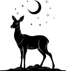 Silhouette of a deer against the moon and starry sky