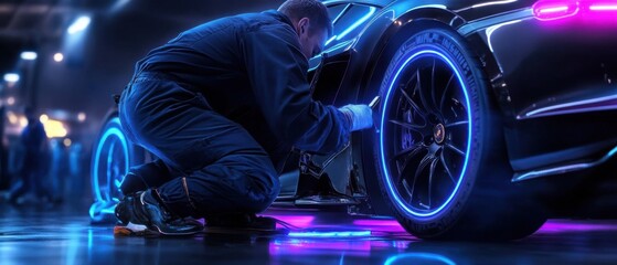 A luxury sports car with neon blue underglow, a mechanic adjusting its tires