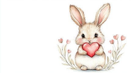 Obraz premium Valentine animal companion heartwarming symbolic friendly. A cute rabbit holding a red heart, surrounded by delicate flowers, exuding love and warmth.