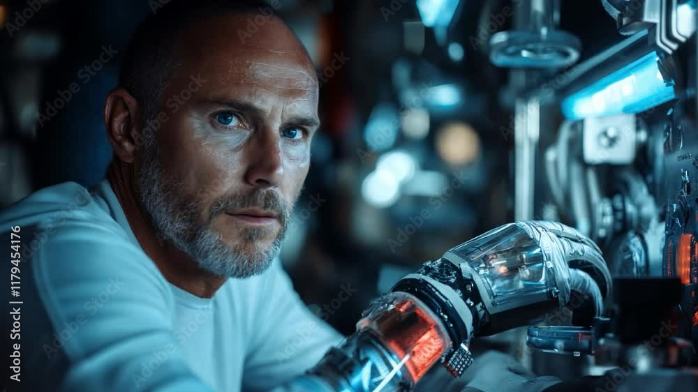Aufkleber a determined scientist focuses intently on intricate equipment, showcasing futuristic robotic gloves