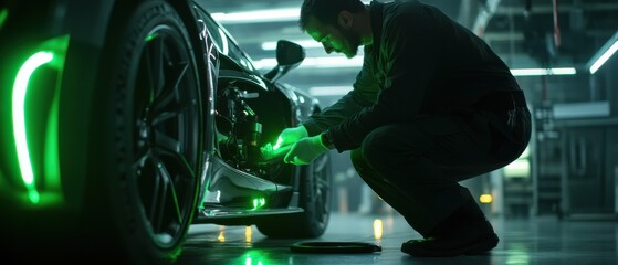 A mechanic checking the underbody of a sports car, with intense neon green lights illuminating the scene
