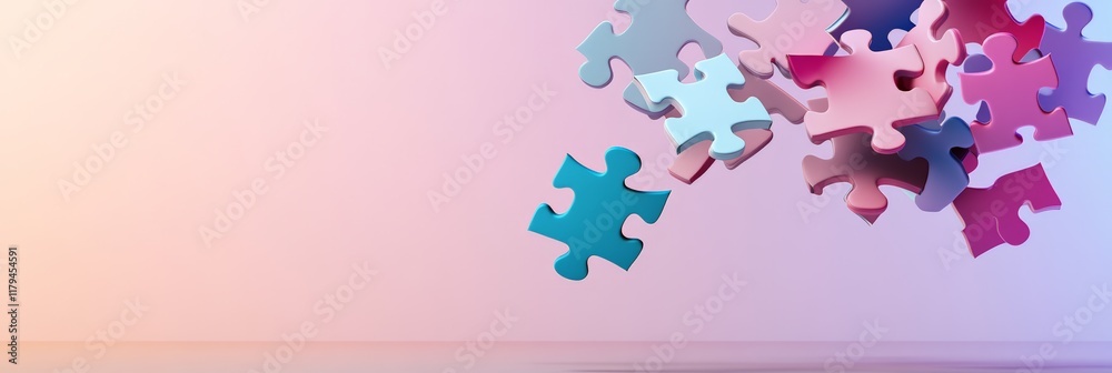 Poster Many colorful puzzle pieces are levitating on a pastel background, creating a visually appealing and thought provoking image related to problem solving, strategy, and teamwork