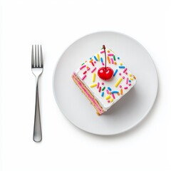 A mouth-watering piece of birthday cake, showcased on a transparent base.