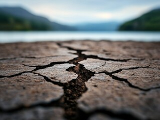 Obraz premium Cracked soil near a lake in a serene landscape.