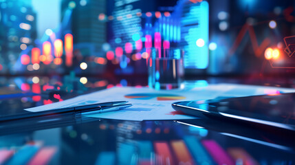 Modern Business Analytics Illustration with Graphs, Smartphone, and Data Charts in a Vibrant City Office at Night