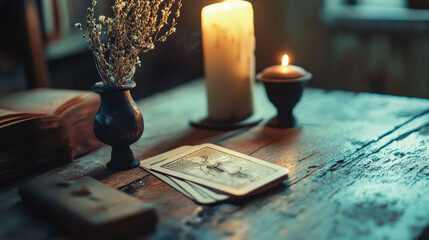 tarot cards magical divination, focus on cards, flowers, lights, mystical vibe