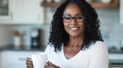 Smiling Woman with Glasses Enjoying Coffee in a Bright Modern Kitchen