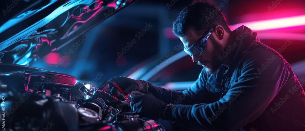 Aufkleber a mechanic using a diagnostic tool to optimize the engine of a sports car, surrounded by neon hues