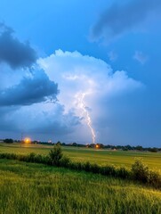 Dramatic lightning strike over green fields.