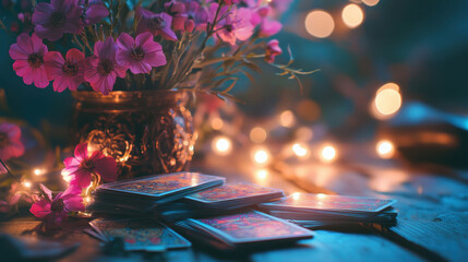 tarot cards magical divination, focus on cards, flowers, lights, mystical vibe