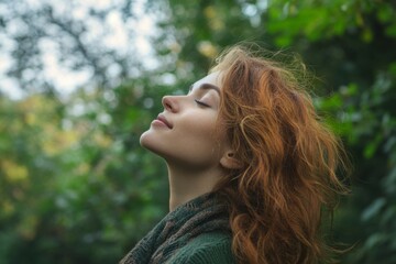 A young woman relaxes and breathes fresh air in a lush forest.