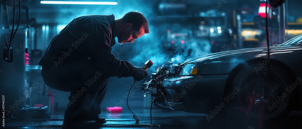 Poster A mechanic using a diagnostic tool to optimize the engine of a sports car, surrounded by neon hues
