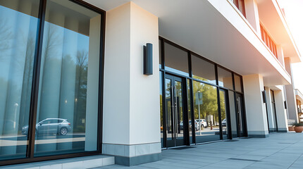 Modern building exterior featuring large glass storefront windows and doors.  Off-white walls and black framed windows are prominent.  A car is reflected in the glass.  The scene is brightly lit.