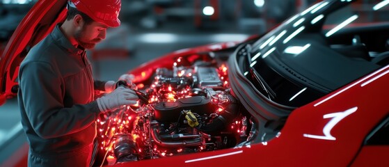 A sleek red sports car with neon pink and orange lights reflecting off its hood, a mechanic inspecting the engine