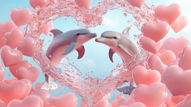 Dolphin pair jumping through a heart-shaped splash, ocean setting, 3D illustration --ar 16:9 --quality 2 --personalize ikqykhf --v 6.1 Job ID: f8d4dc31-965d-4fa8-ae5a-f1dde8c02cd4