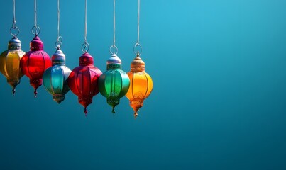 Obraz premium Colorful hanging lanterns against a blue background.