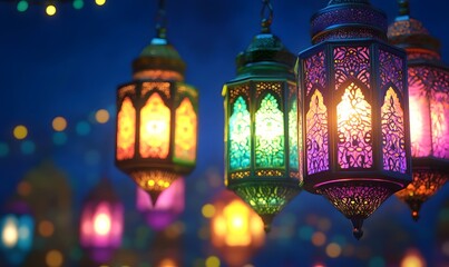 Colorful lanterns glowing at night.