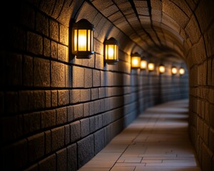 Fototapeta premium Illuminated stone tunnel with vintage lamps.