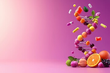 Glowing dna strand of fresh fruits and vegetables vibrant background digital artwork healthy living concept