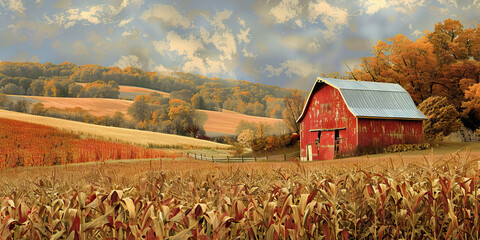 Red Barn in Autumn Cornfield Landscape