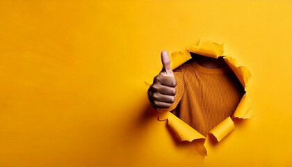 Hand showing a thumb up sign through a ripped hole in yellow paper wall. Well done, good job concept.