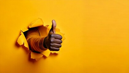 Hand showing a thumb up sign through a ripped hole in yellow paper wall. Well done, good job concept.