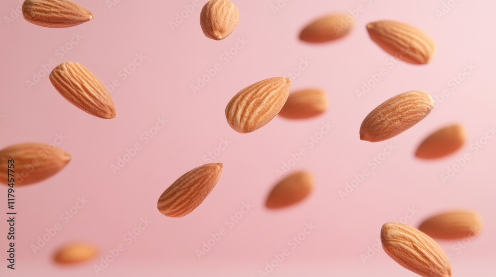 Poster many almonds are levitating against a vibrant pink backdrop. creating an eye catching visual that em