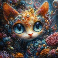 Whimsical Cat in a Colorful Sea of Creatures