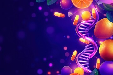 Vibrant dna helix intertwined with fruits science and health concept colorful background digital art close-up view