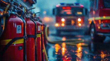Firetruck Emergency Response Red Fire Extinguishers, Night Scene