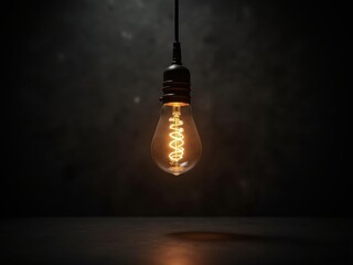 Vintage light bulb illuminated against a dark background creating a warm, inviting atmosphere in a minimalist setting