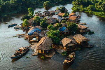 Floating village in the amazon rainforest with traditional houses and boats