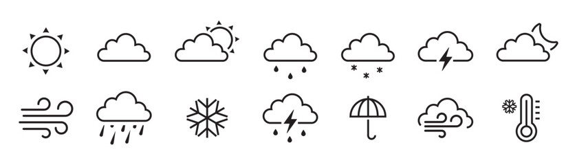 Fototapeta premium Weather web icon set in line style. Weather , clouds, sunny day, moon, snowflakes, wind, sun day. Forecast weather flat symbols. Pictogram vector illustration.