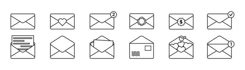 Message envelope line icon. Mail icon. Email sign. Send Received message. Post letter set.