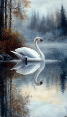 Fototapeta premium Serene swan gracefully gliding on a misty lake, reflected perfectly in tranquil waters, surrounded by autumnal trees.
